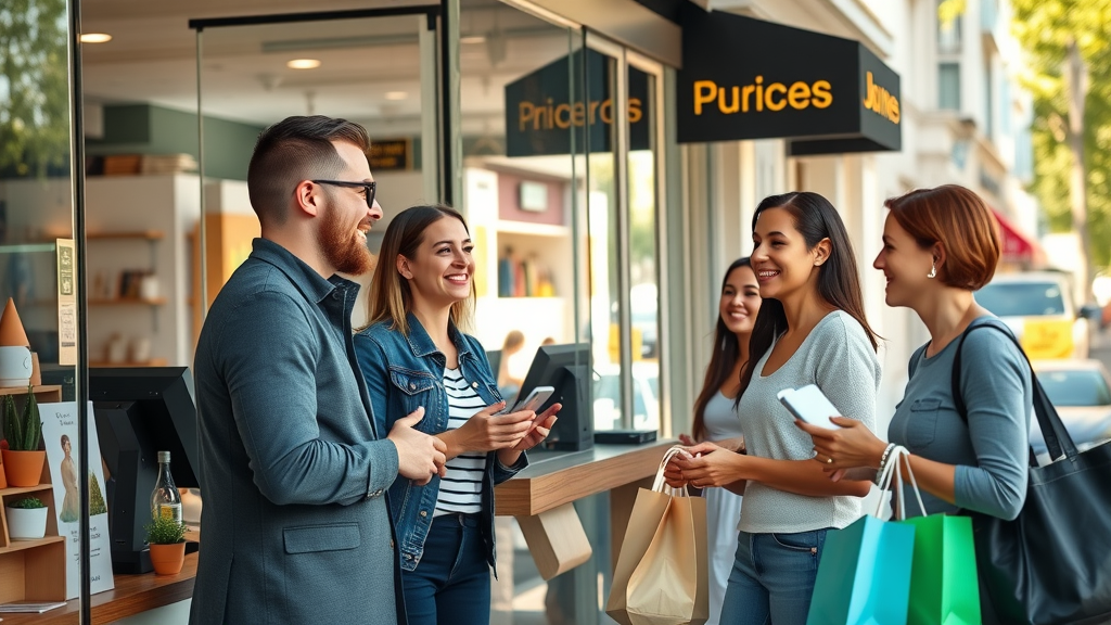 google customer reviews vibrant modern business storefront with happy customers shopping